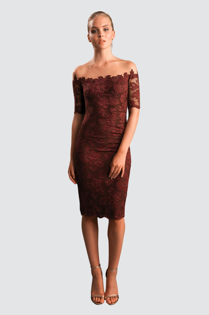 Off-Shoulder Lace Dress with Illusion Tulle