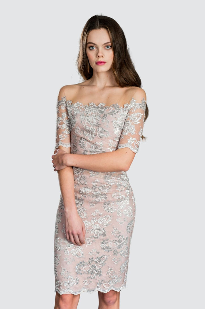 Off-Shoulder Lace Dress with Illusion Tulle