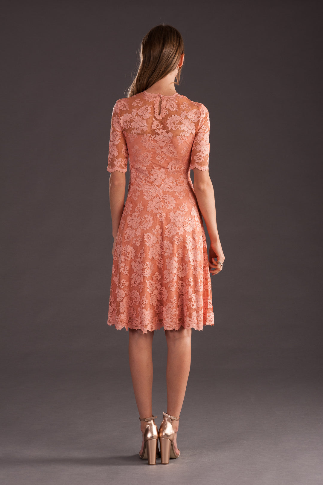 A-Line Dress with Sheer Sleeves and Scalloped Details