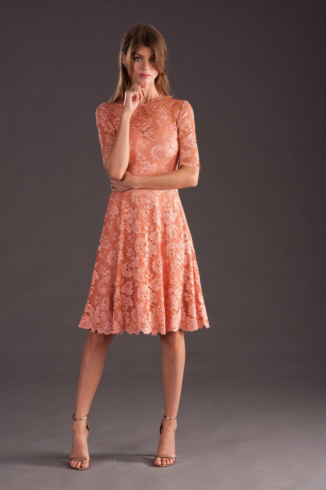 A-Line Dress with Sheer Sleeves and Scalloped Details