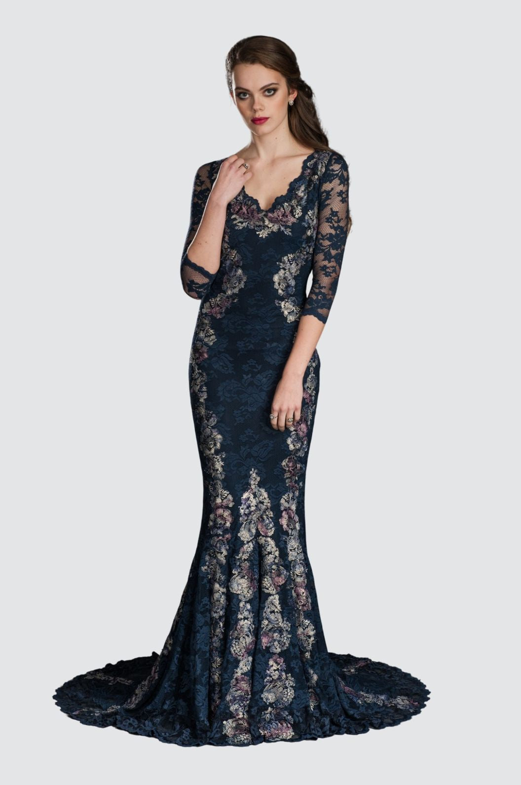 Embroidered Lace Mermaid Gown with Train