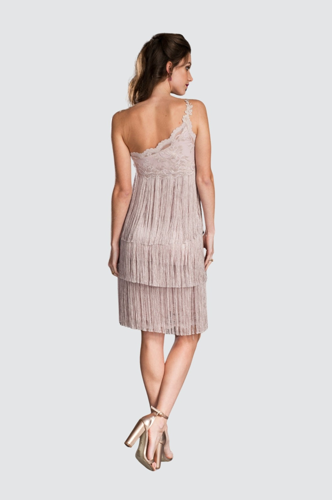 One-Shoulder Lace & Fringe Cocktail Dress
