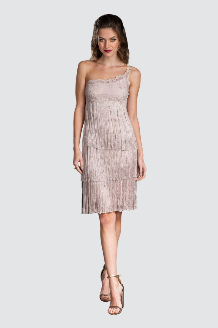 One-Shoulder Lace & Fringe Cocktail Dress