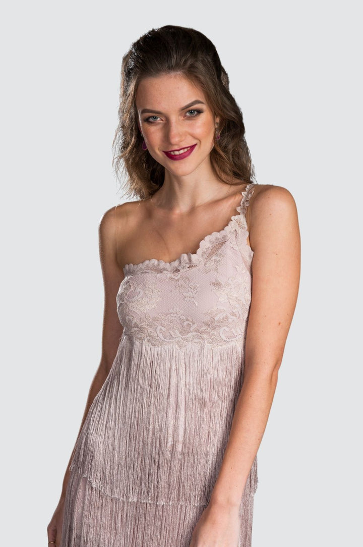 One-Shoulder Lace & Fringe Cocktail Dress
