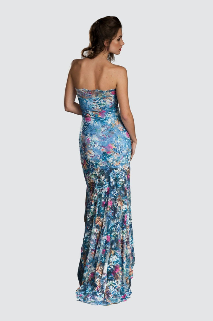 Vibrant Floral Lace Strapless High-Low Gown