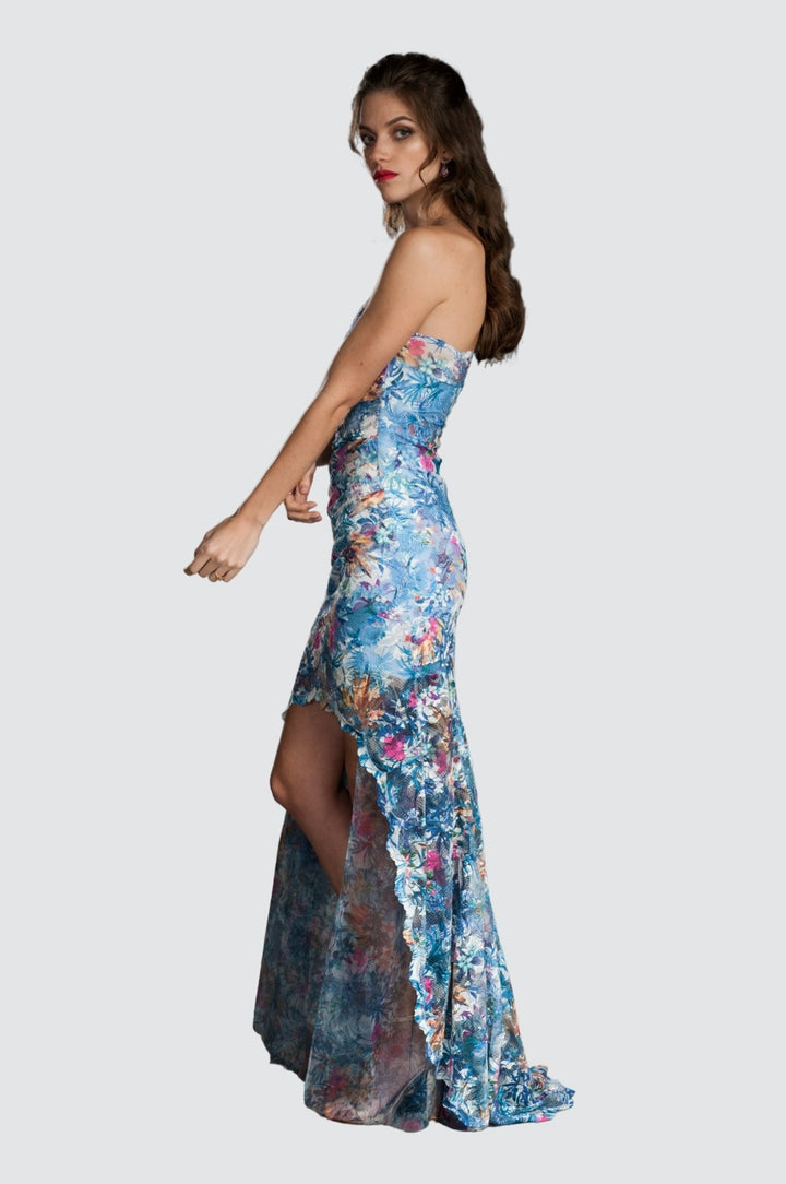 Vibrant Floral Lace Strapless High-Low Gown