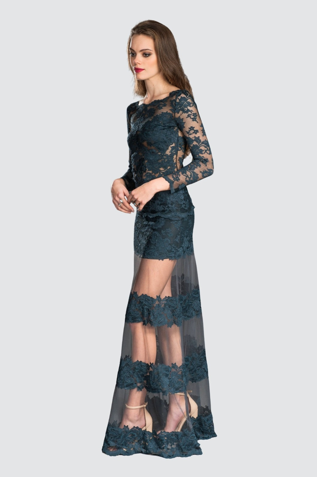 Lace Overlay Sheer Panel Skirt
