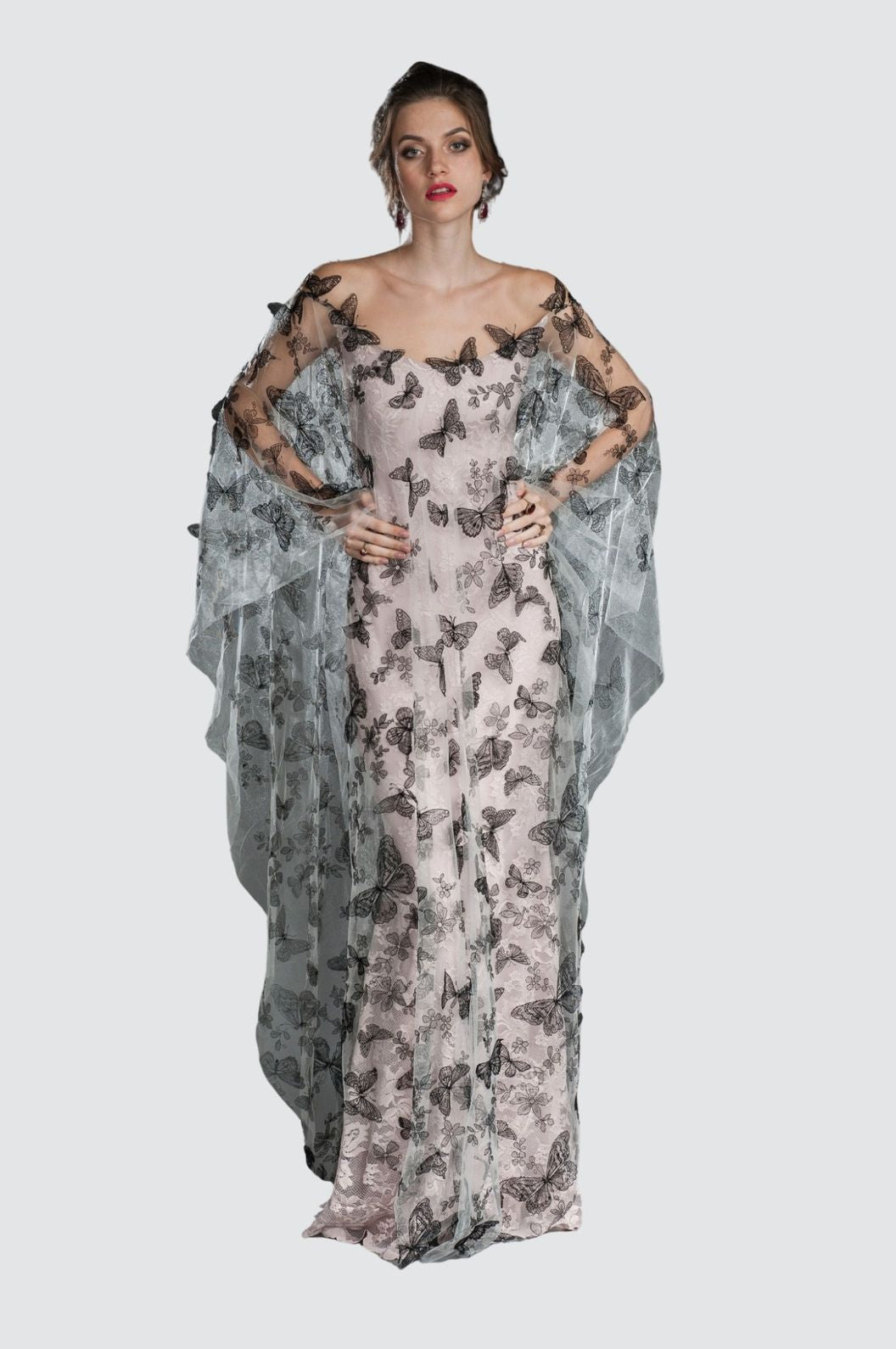 Butterfly Embroidered Tulle Gown with Lace Undergown