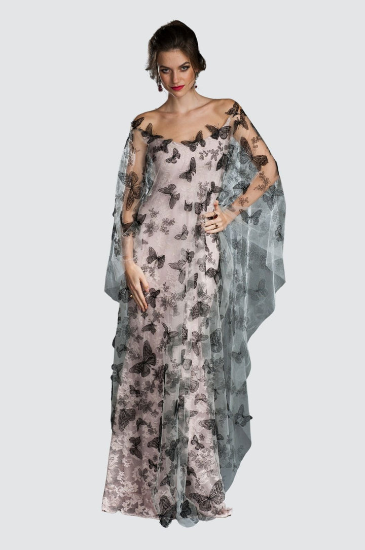 Butterfly Embroidered Tulle Gown with Lace Undergown