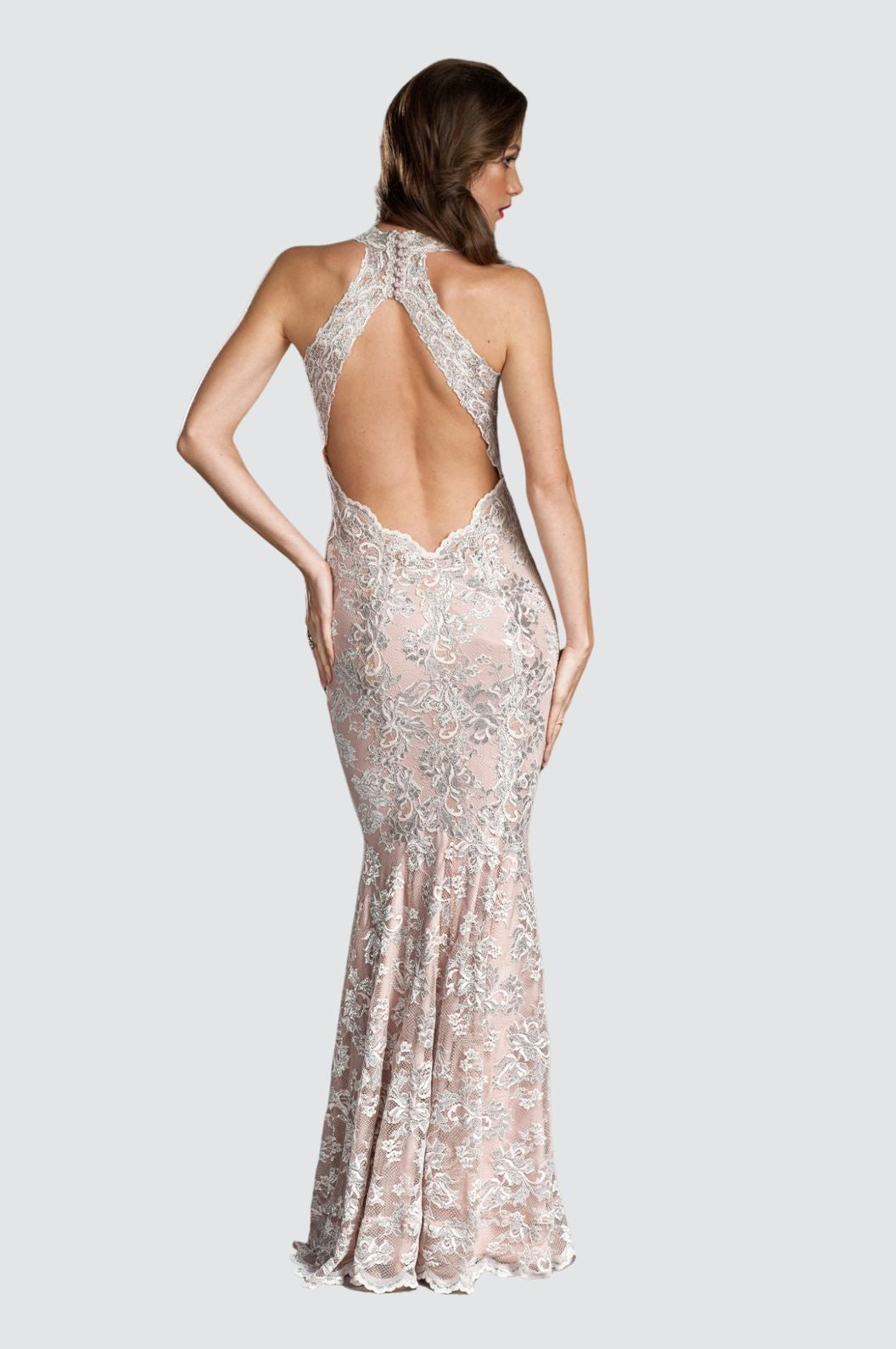High Neck Lace Gown with Open Back