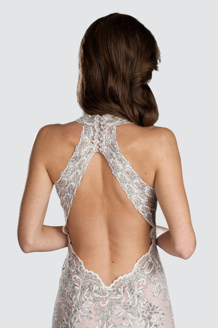 High Neck Lace Gown with Open Back