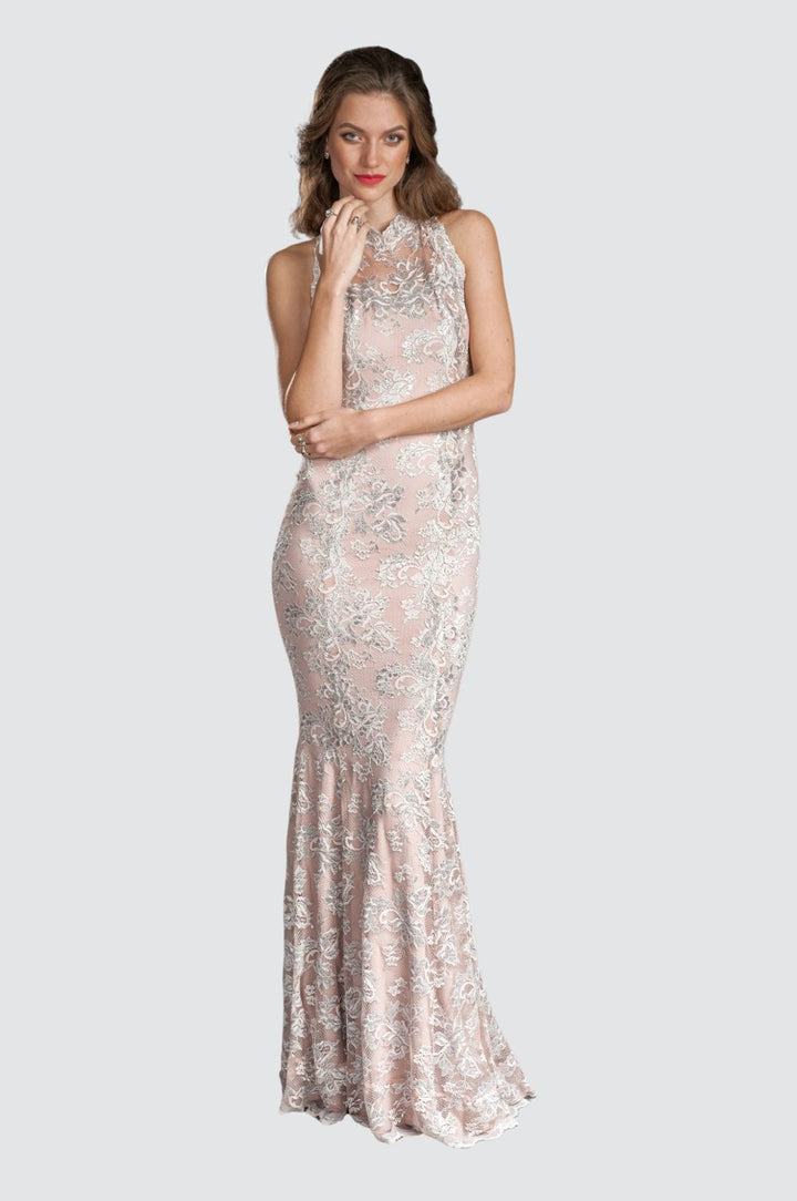 High Neck Lace Gown with Open Back