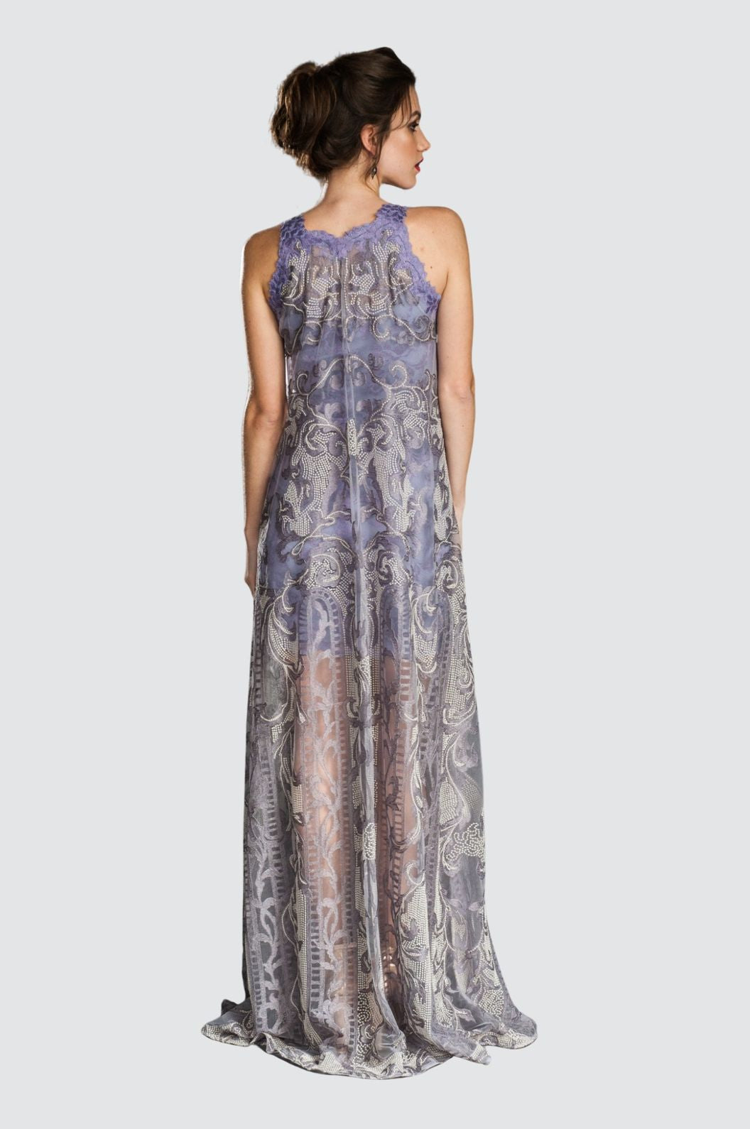 Lavender Embroidered Tulle Gown with Lace Underdress