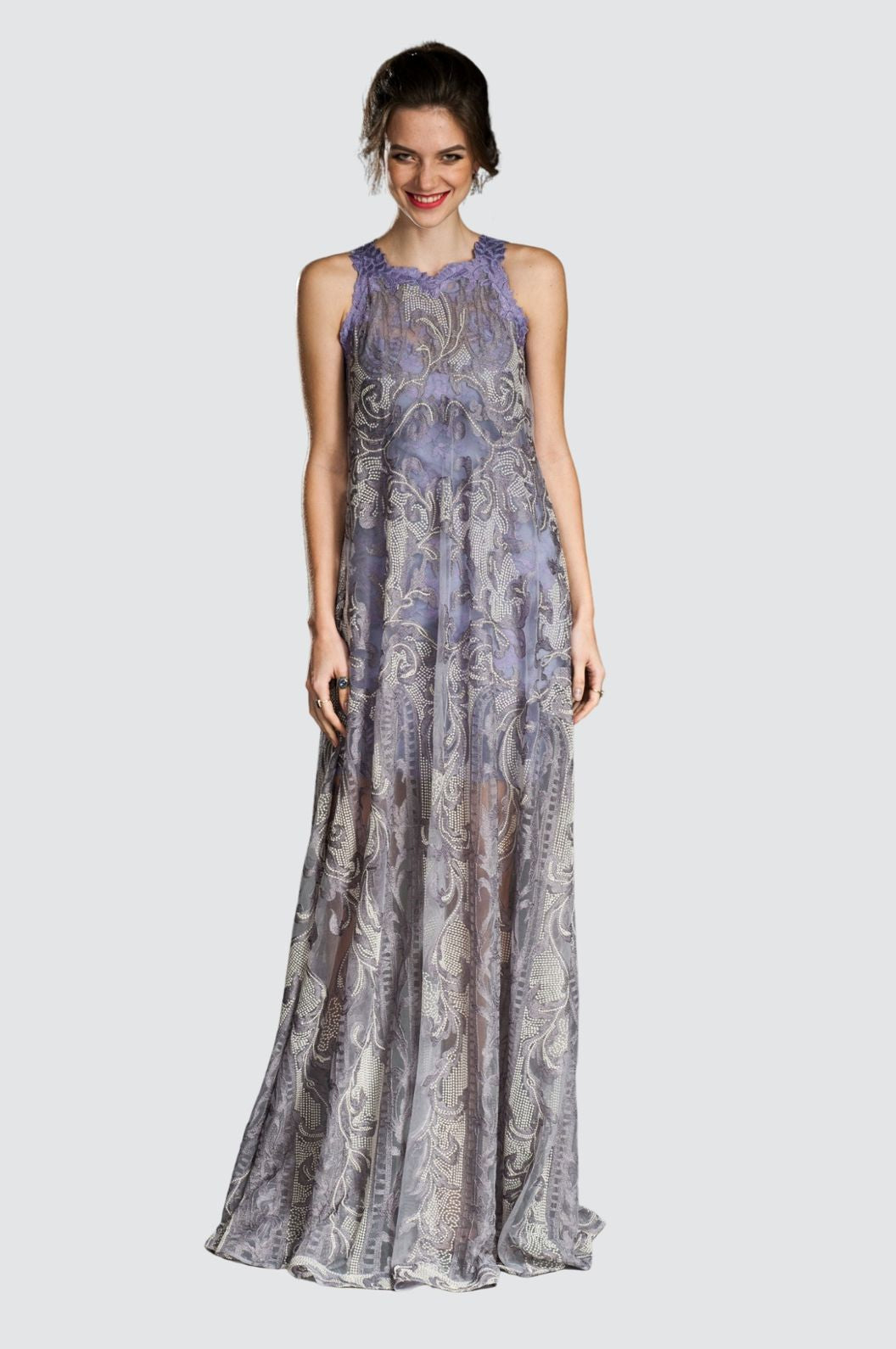 Lavender Embroidered Tulle Gown with Lace Underdress