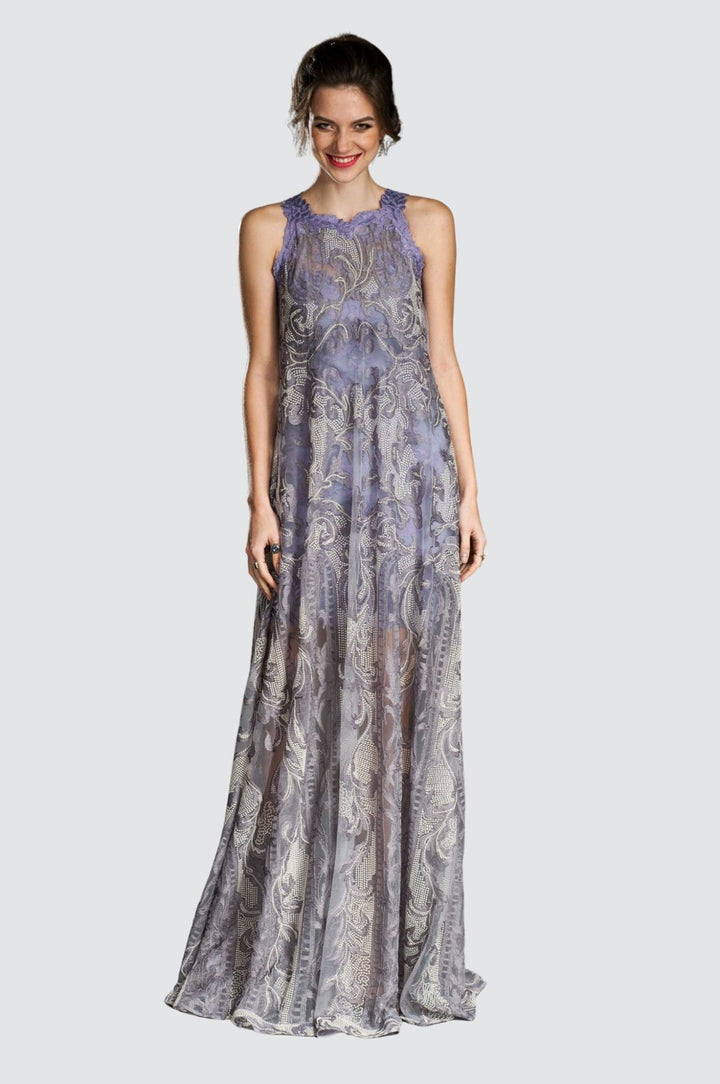 Lavender Embroidered Tulle Gown with Lace Underdress