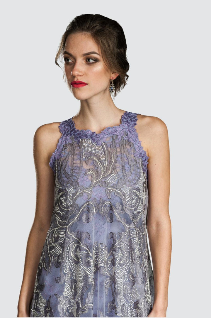 Lavender Embroidered Tulle Gown with Lace Underdress