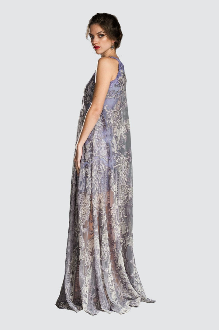 Lavender Embroidered Tulle Gown with Lace Underdress
