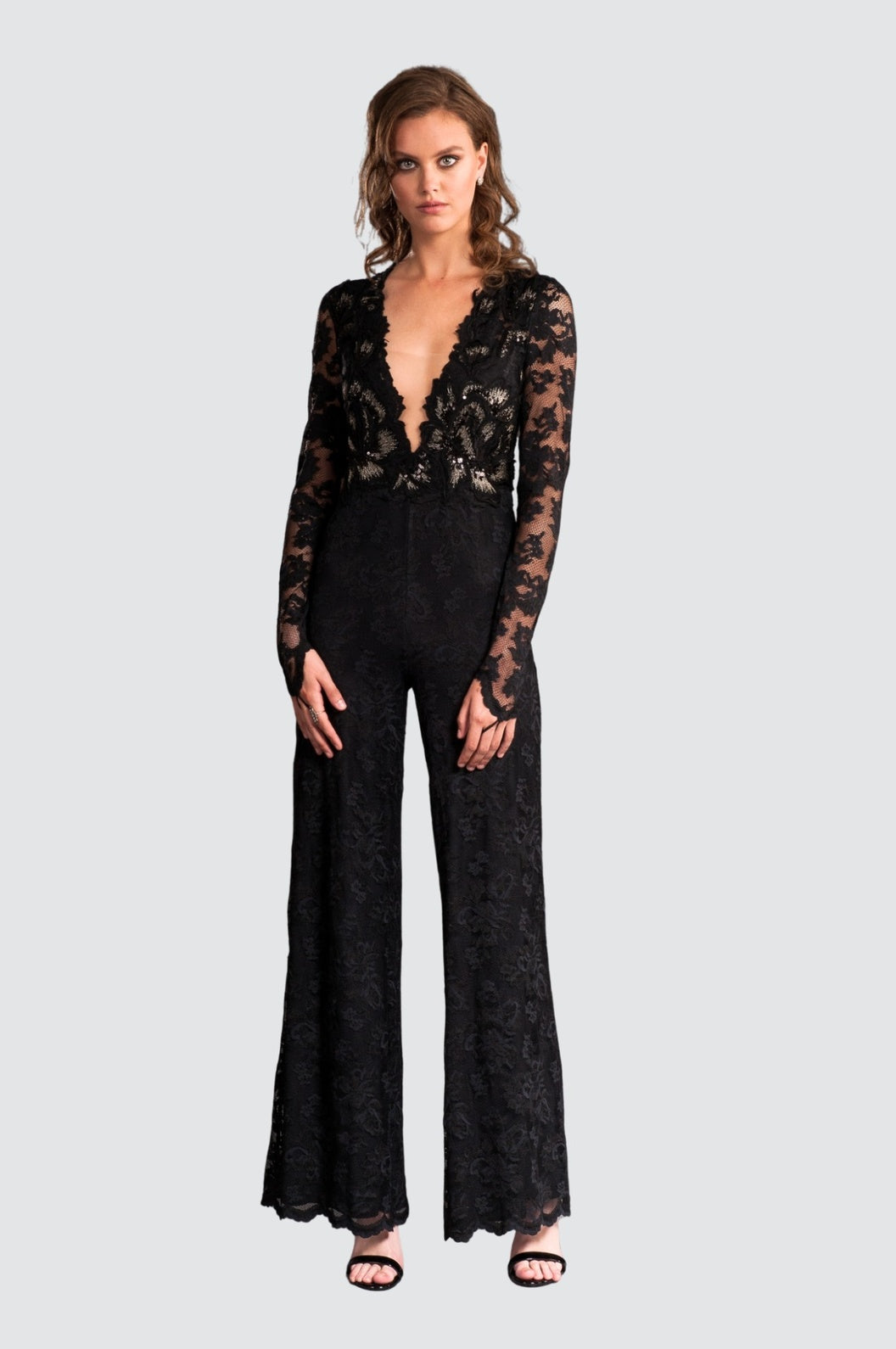 Deep V-Neck Sequins & Lace Jumpsuit