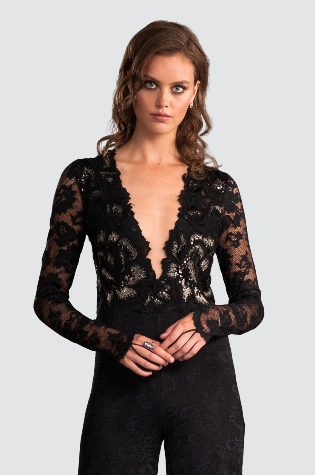 Deep V-Neck Sequins & Lace Jumpsuit