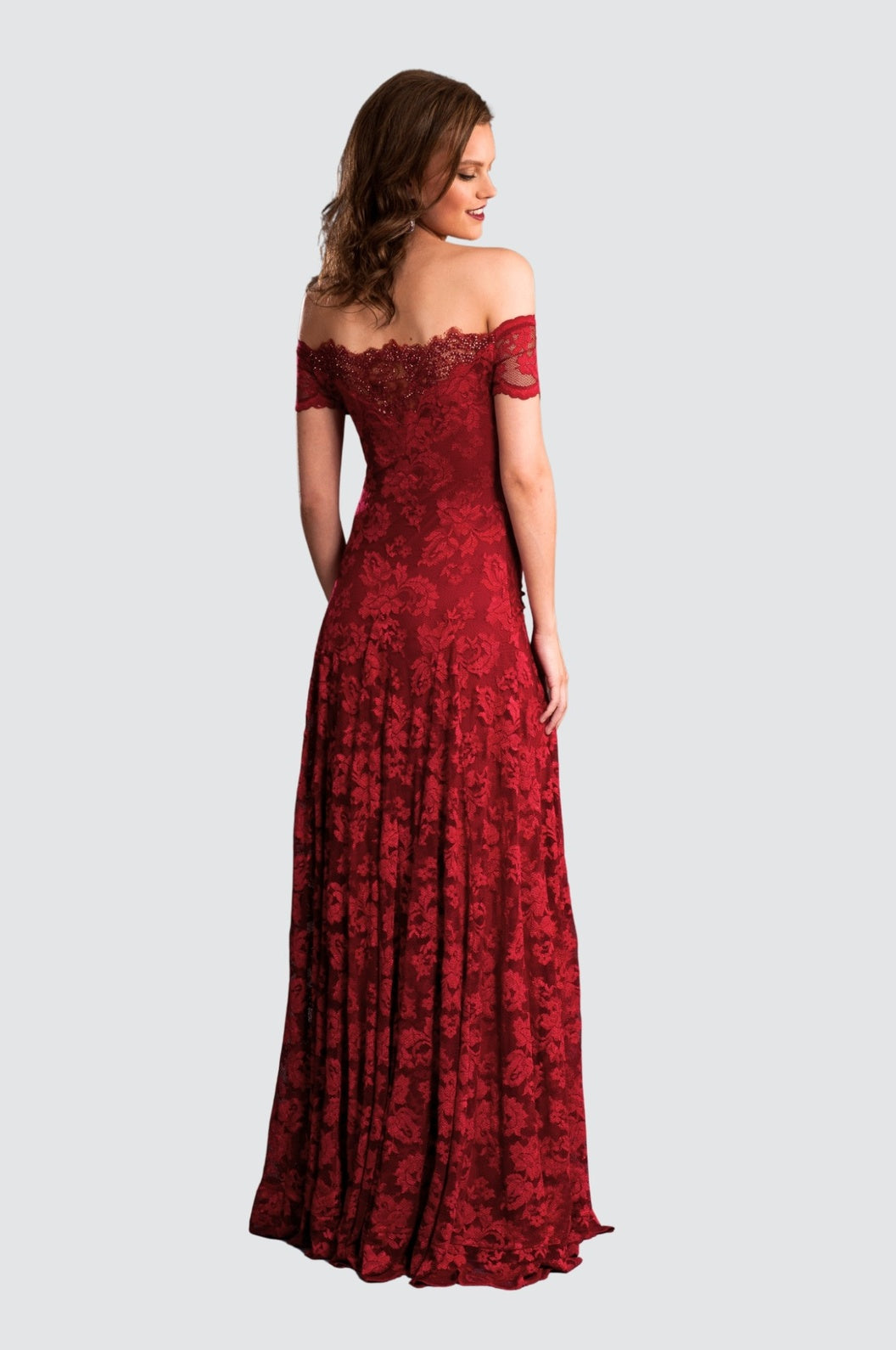 Off-Shoulder Lace Gown with Sequin Embellishments