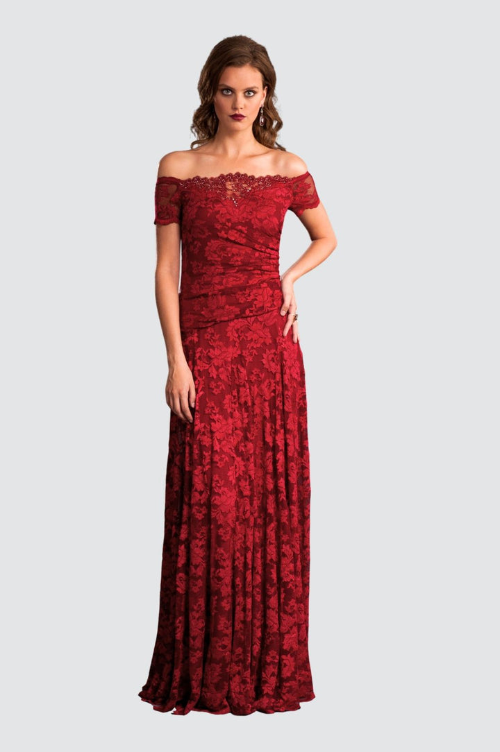 Off-Shoulder Lace Gown with Sequin Embellishments