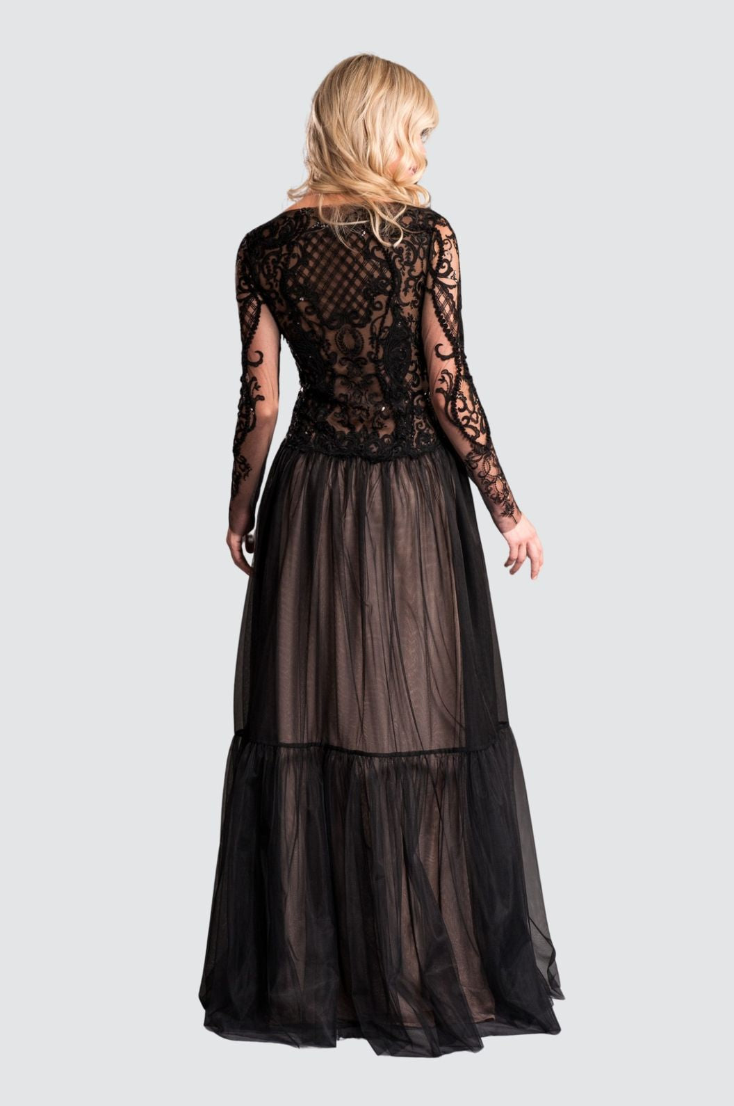 Black Tulle & Embroidery Long Sleeve Gown