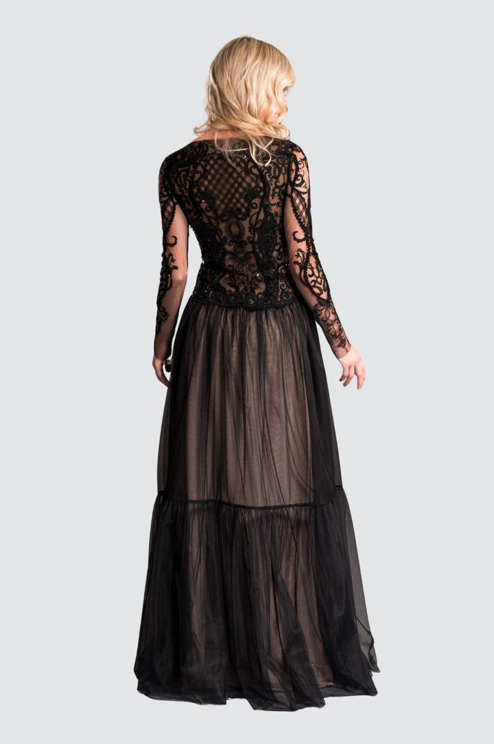Black Tulle & Embroidery Long Sleeve Gown