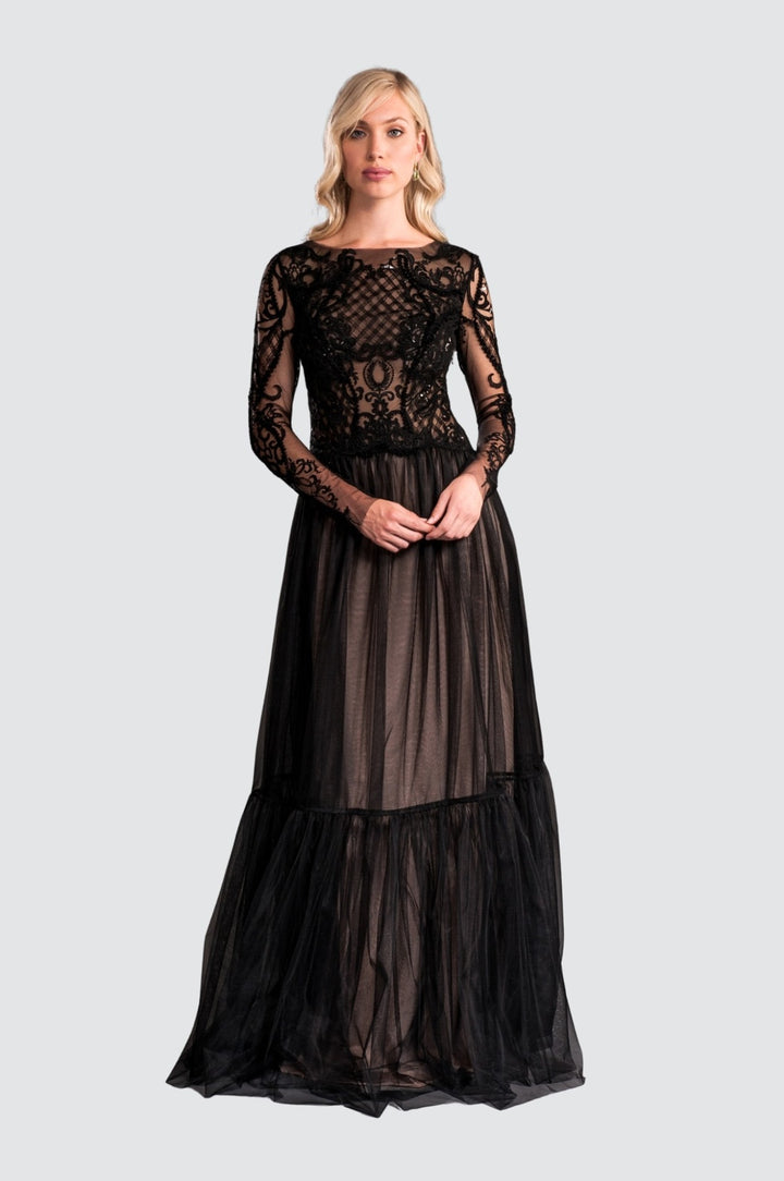Black Tulle & Embroidery Long Sleeve Gown