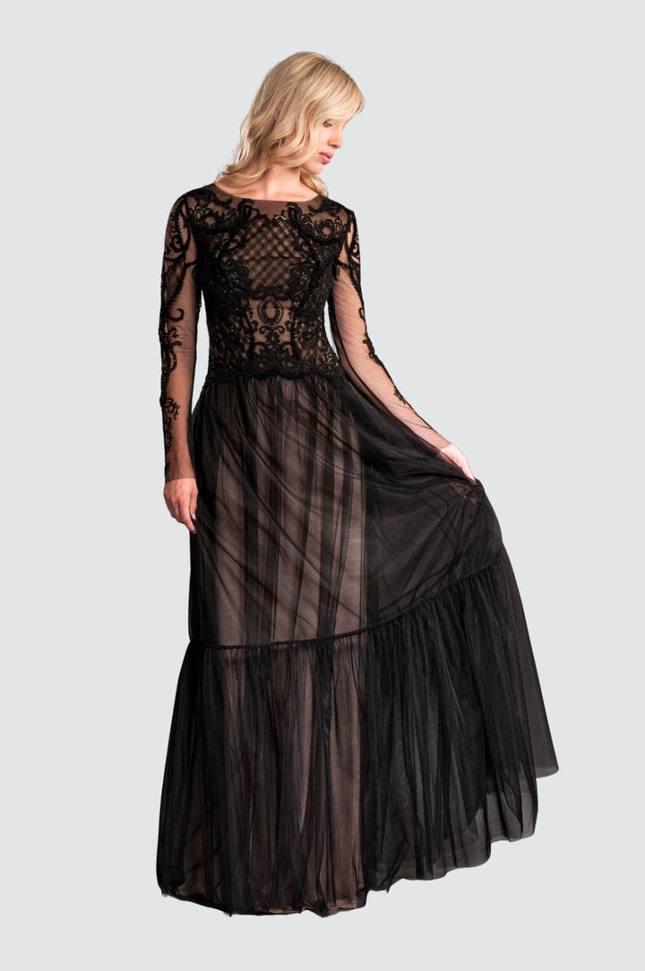 Black Tulle & Embroidery Long Sleeve Gown