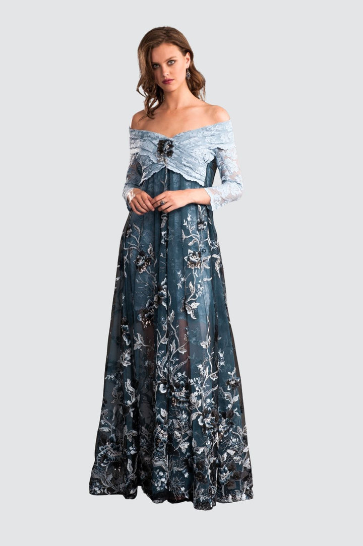 Twilight Lace & Embroidery Off-Shoulder Gown