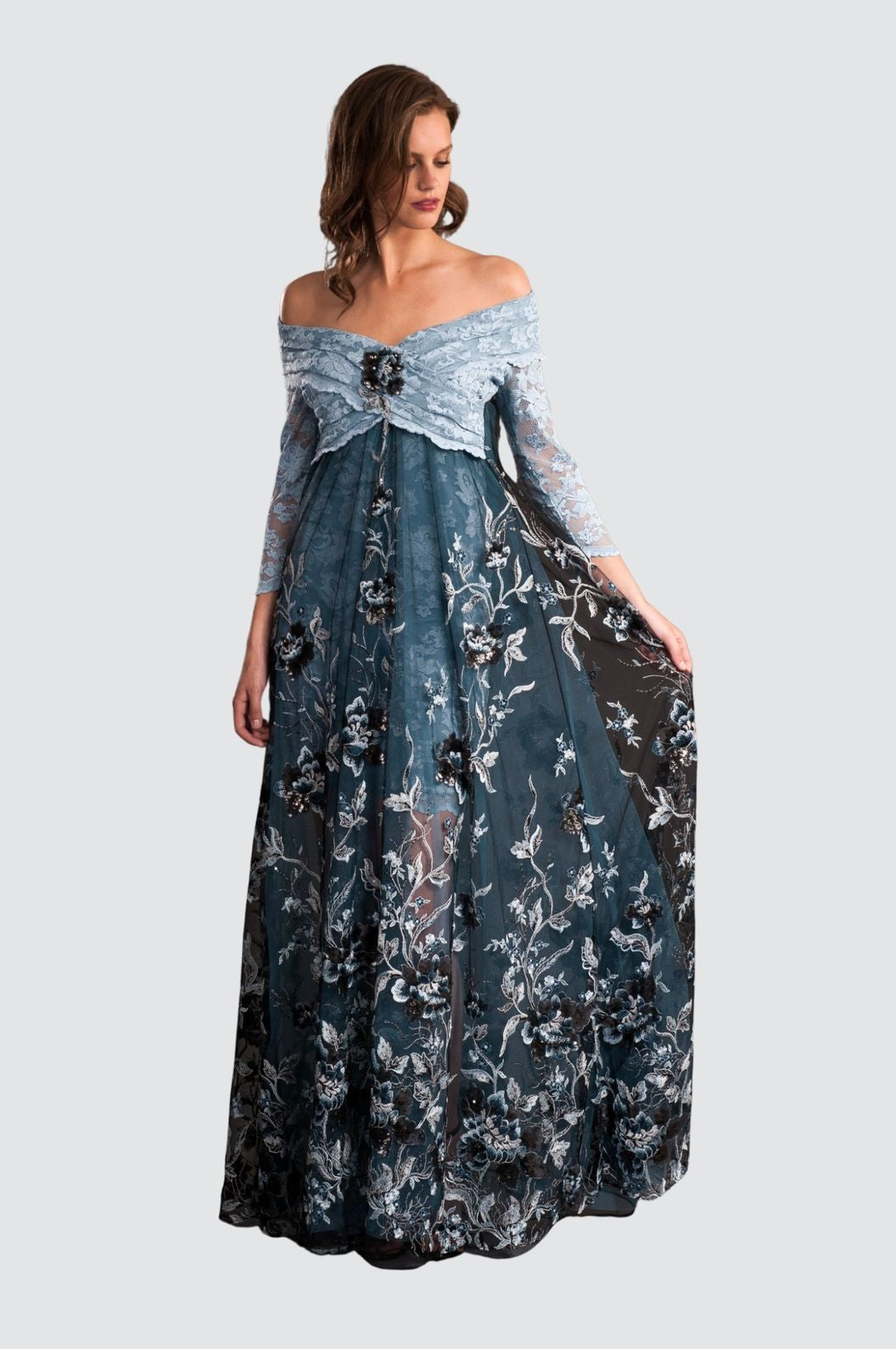 Twilight Lace & Embroidery Off-Shoulder Gown