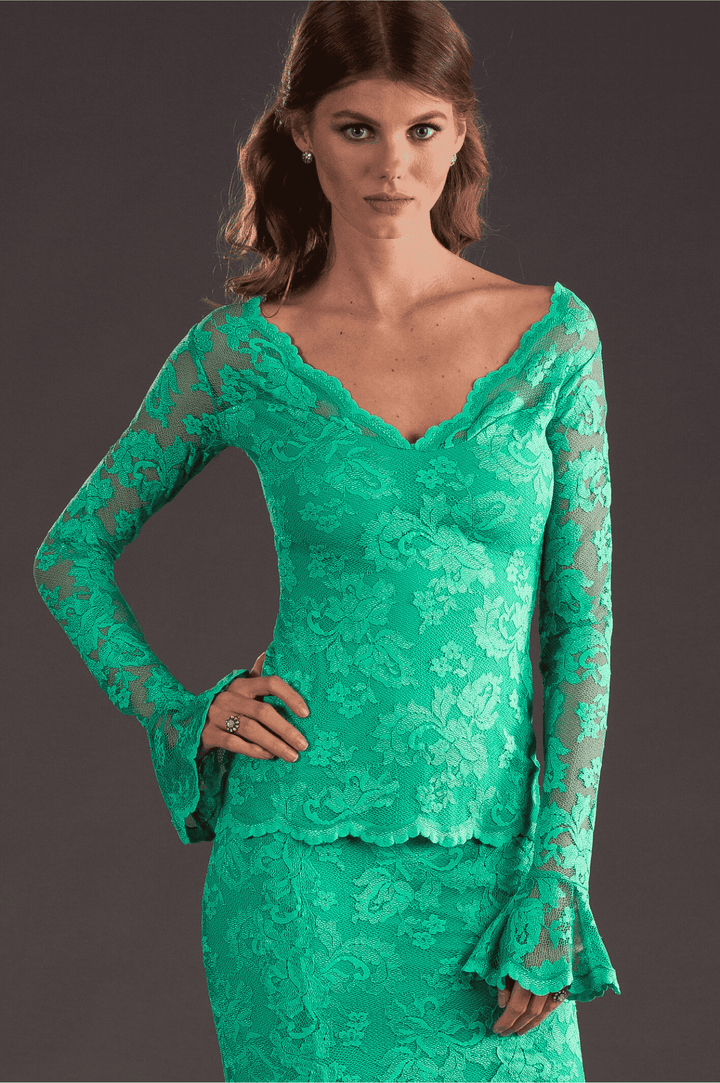 Elegant Mint Green Lace Blouse with Flared Sleeves-2