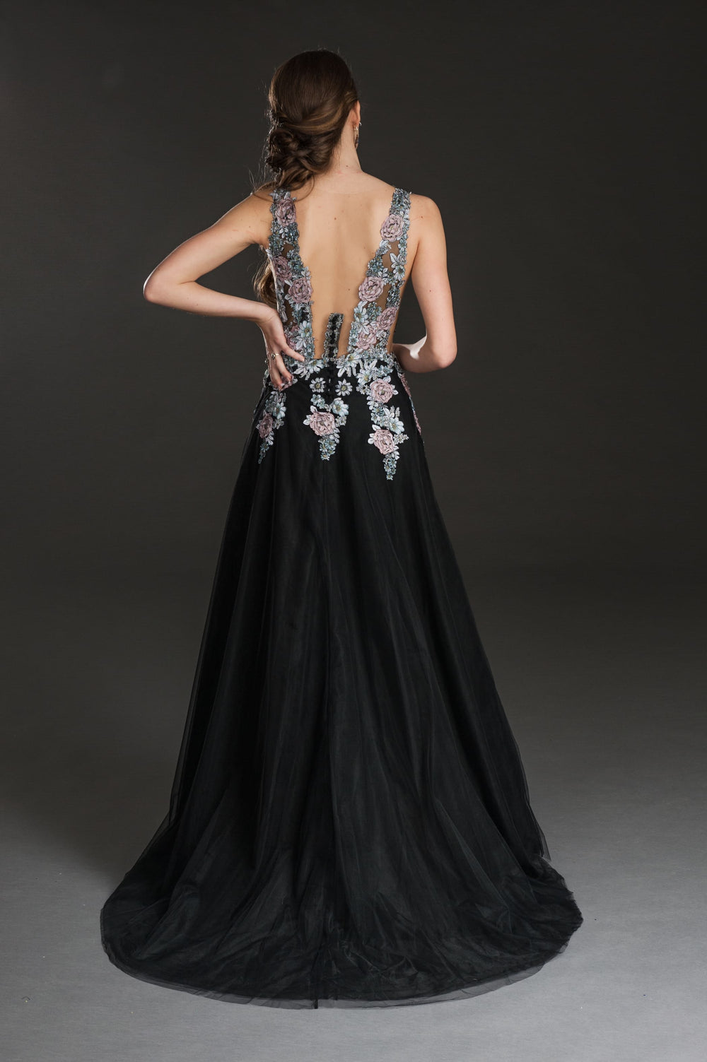 Black Evening Gown with Floral Embroidered Bodice-1