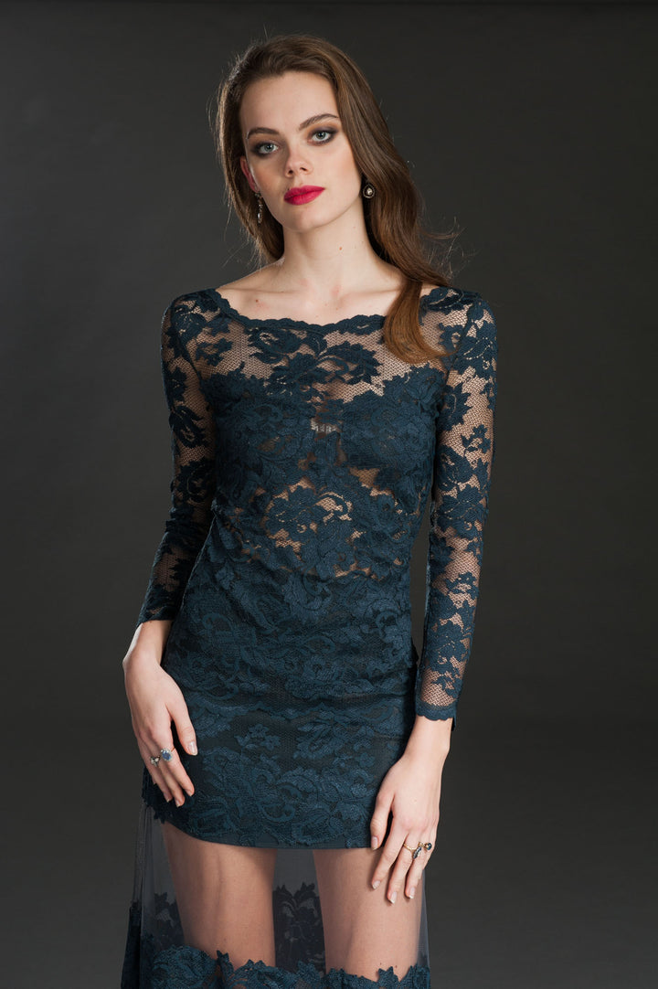 Sheer Lace Long-Sleeve Top with Floral Detailing-0