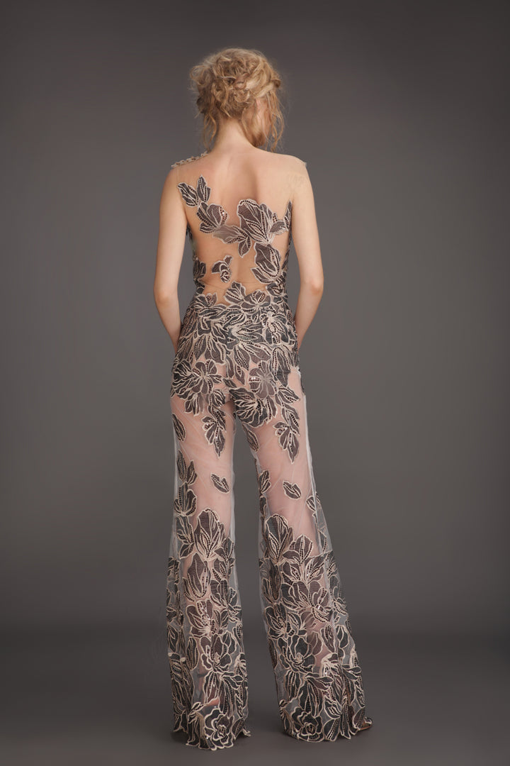 Black Iris leaf mesh jumpsuit-1