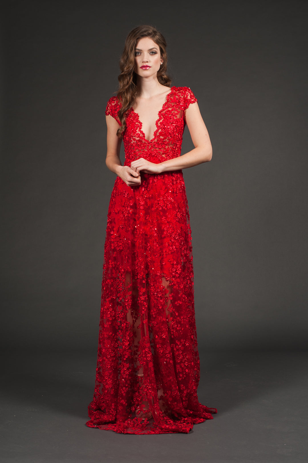 Deep V-Neckline Red Gown-0