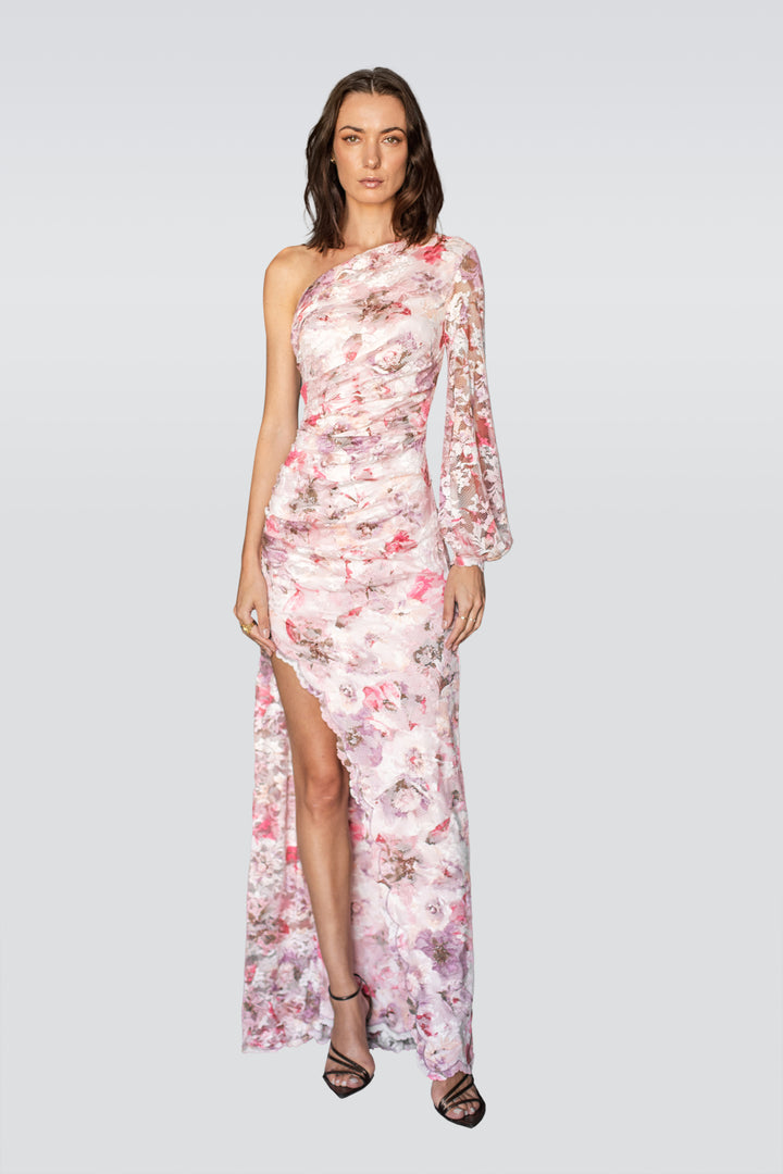 One Shoulder Rosette Floral Dress-0