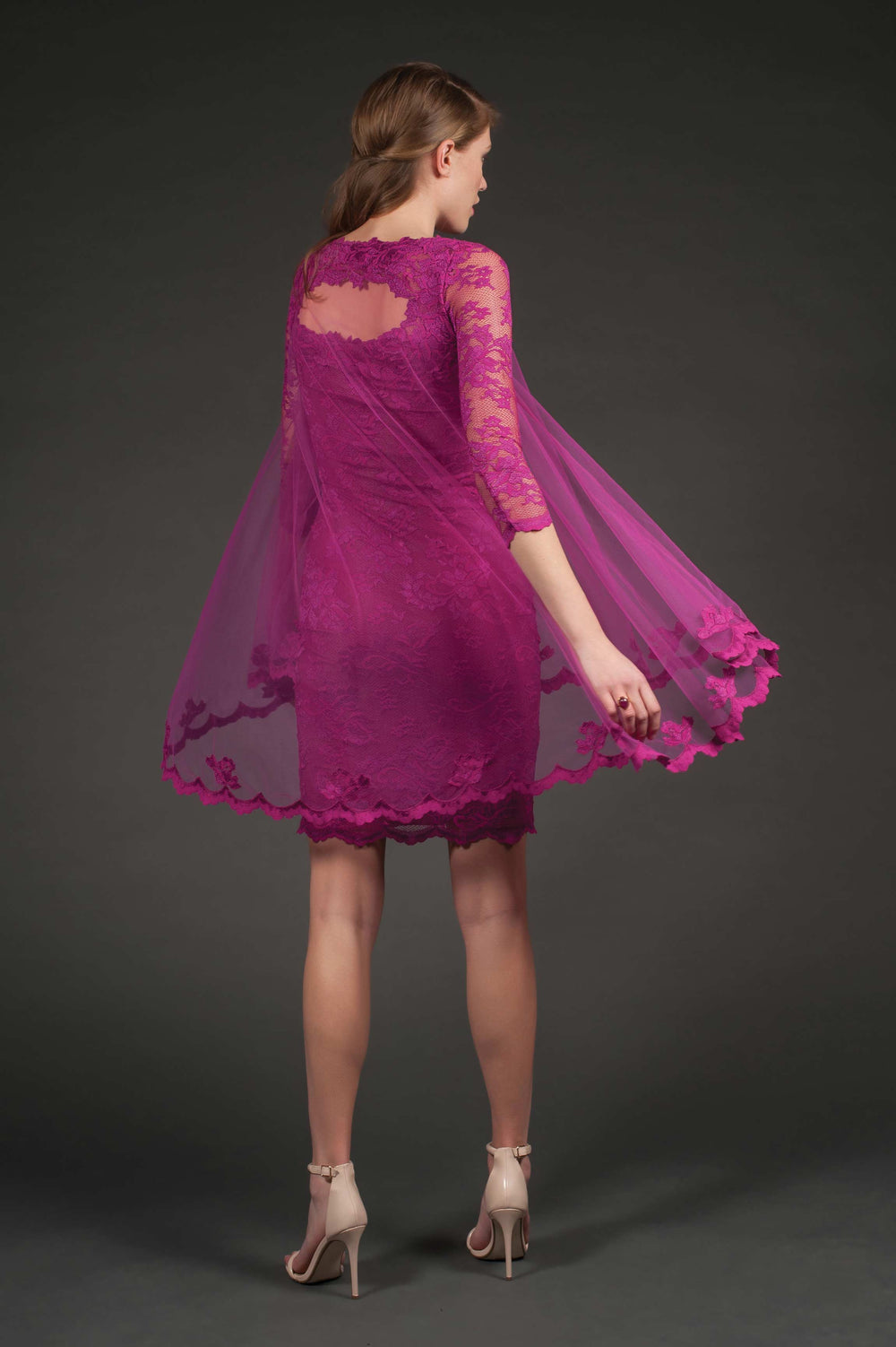 Three-Quarter Sleeve Lace Dress with Cape-1