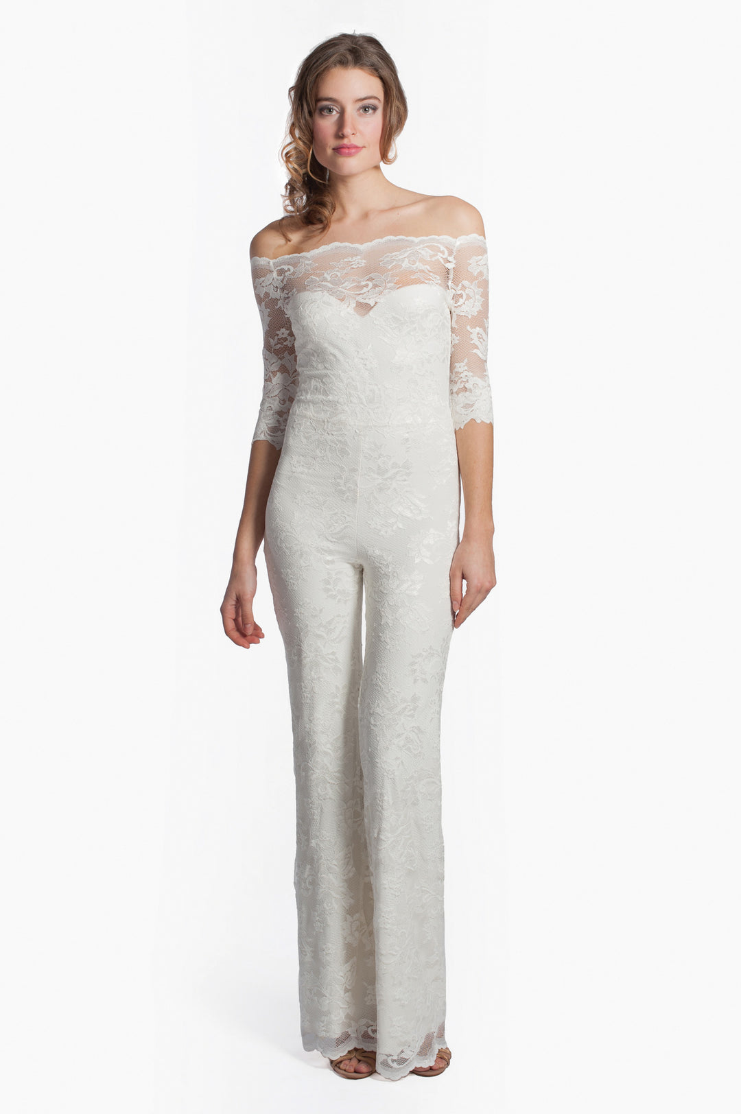 Off-Shoulder Lace Jumpsuit with Flare Trousers-0