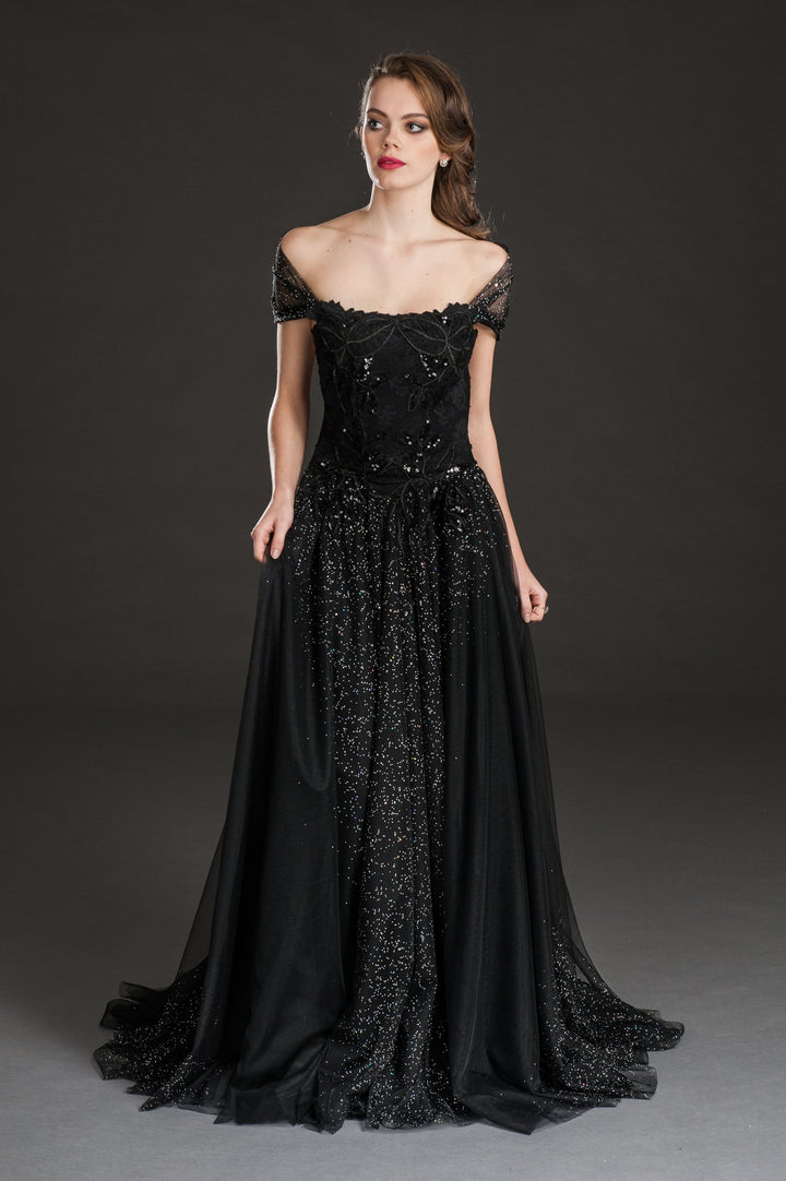 Elegant Black Evening Gown with Sparkling Sequin Detailing-0