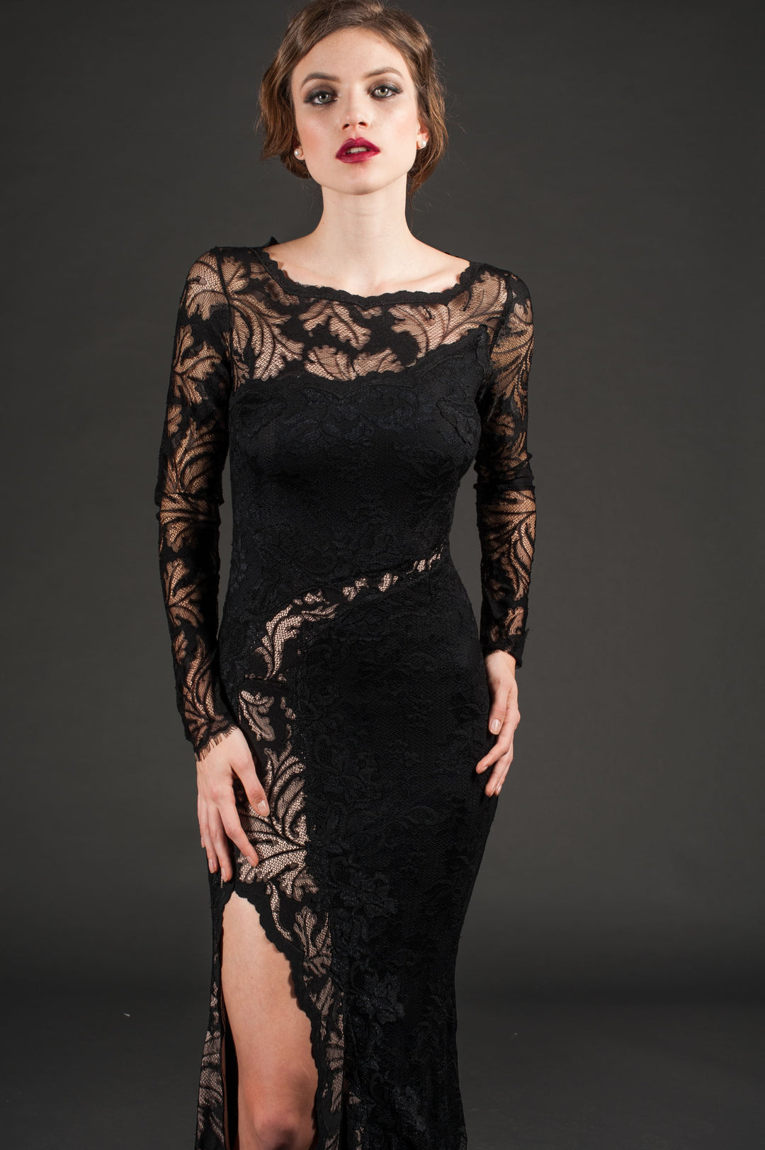 Seductive Black Lace Gown with High Slit-4