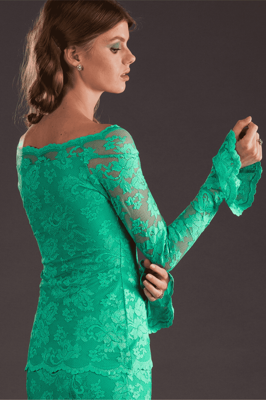 Elegant Mint Green Lace Blouse with Flared Sleeves-3