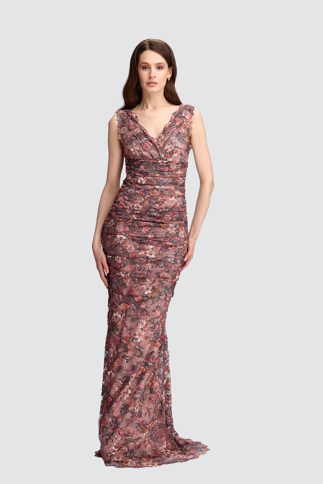 Vintage-Inspired Floral Lace Gown with V-Neck-0