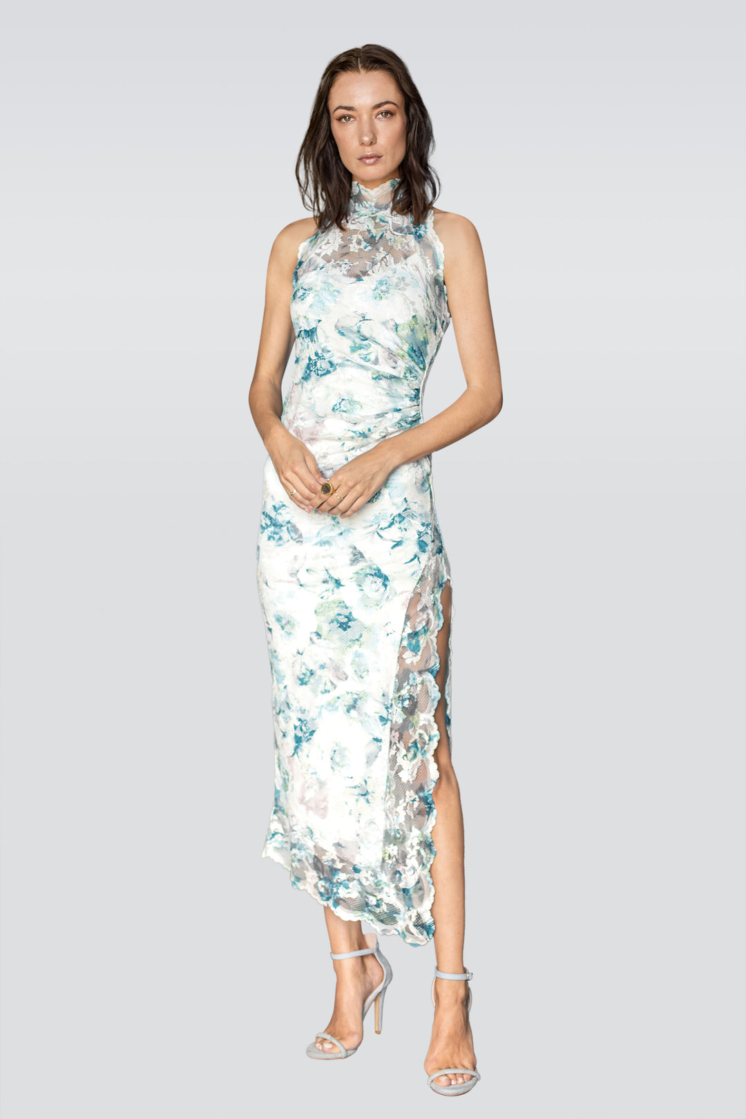 High Neck Skylight Floral Dress-0