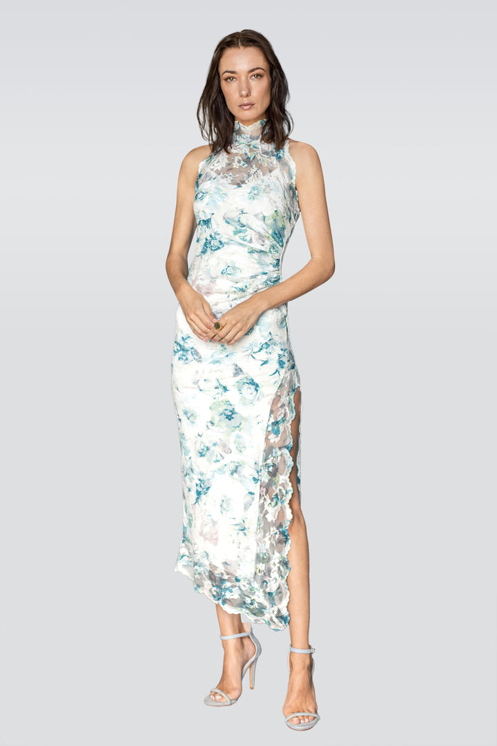 High Neck Skylight Floral Dress-0