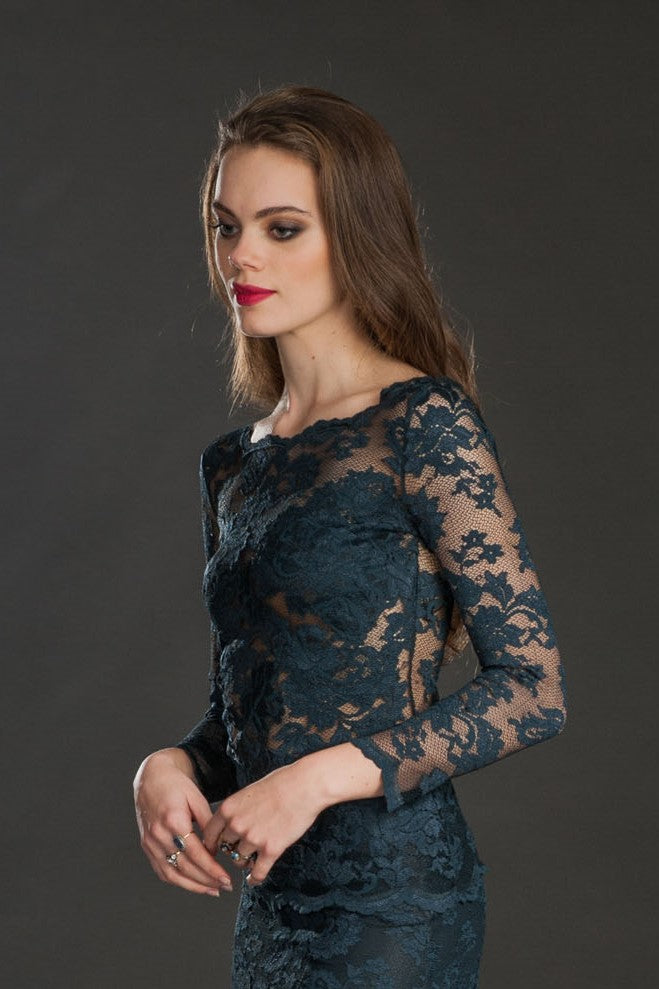 Sheer Lace Long-Sleeve Top with Floral Detailing-2