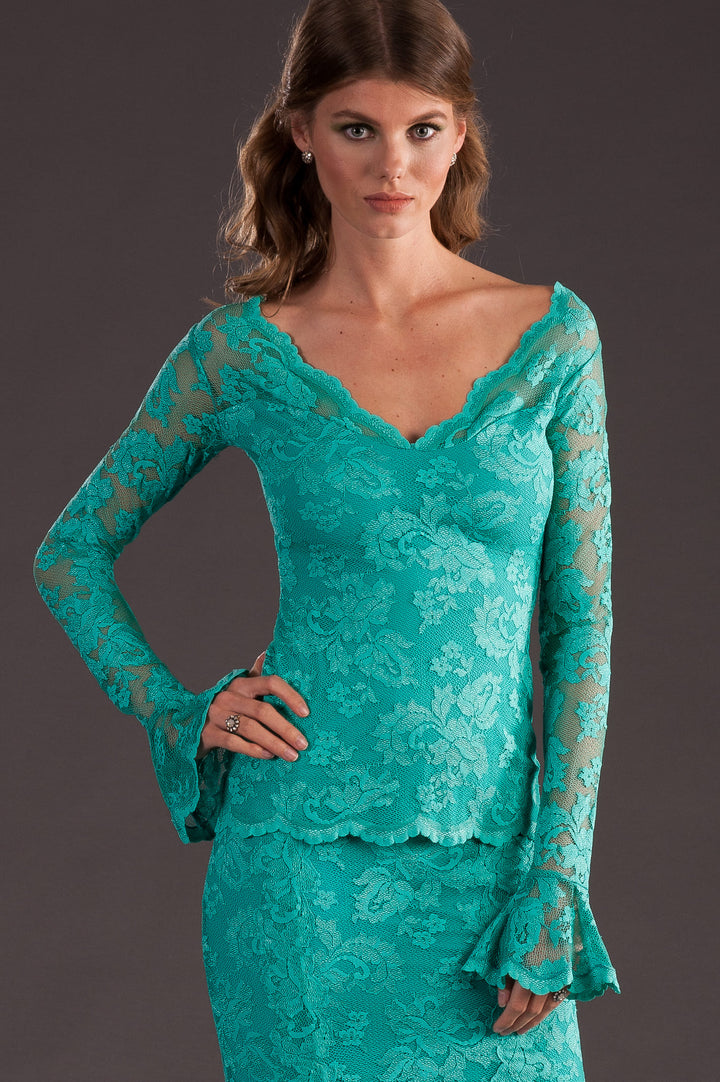 Elegant Mint Green Lace Blouse with Flared Sleeves-0