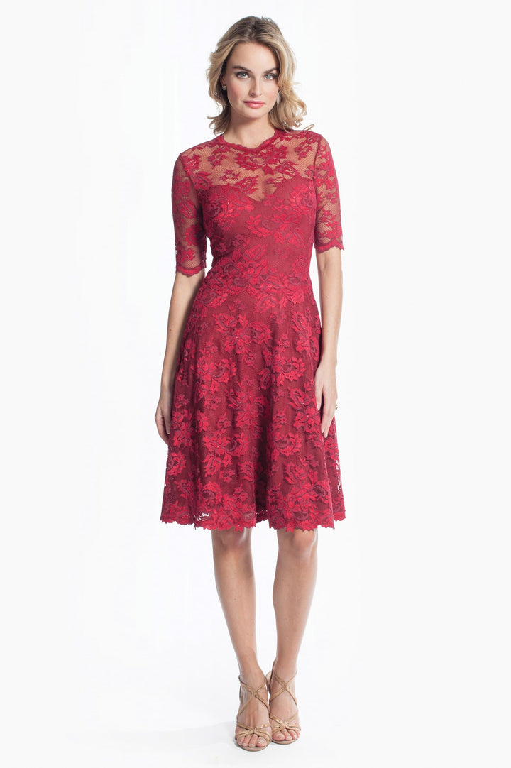 A-Line Dress with Sheer Sleeves and Scalloped Details-0