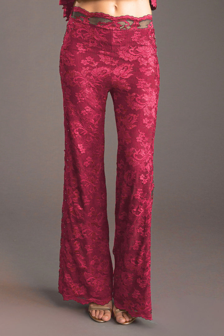 Floral Lace Sheer Panel Trousers with Swarovski Crystals-1
