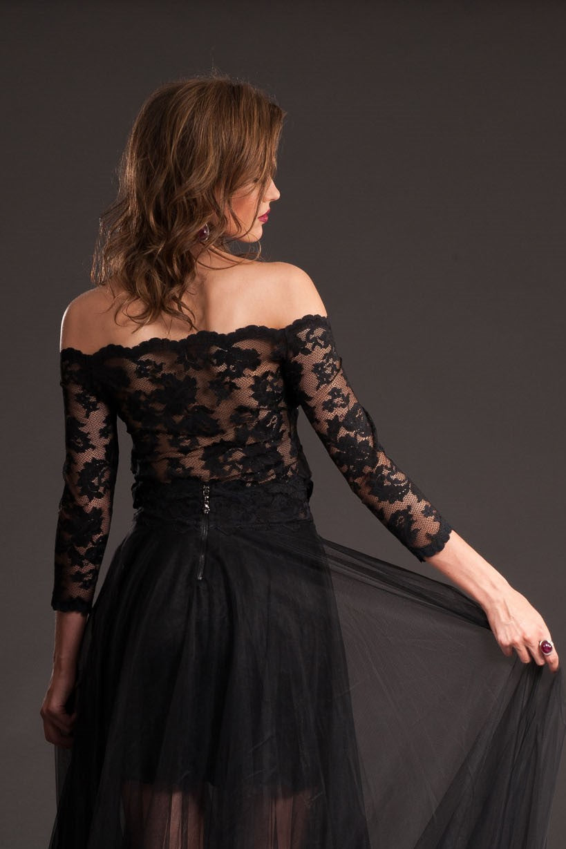 Off-Shoulder Floral Lace Top with Swarovski Crystals-1